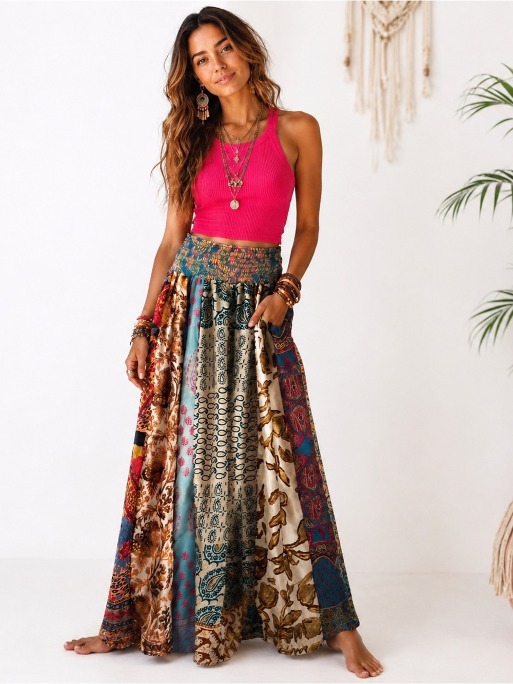 POL Patchwork Wide-Leg Boho Pants in Hot Pink & Multicolor